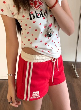 美式复古红色运动短裤女夏季2025新款高腰显瘦宽松休闲阔腿热裤子