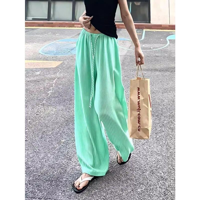 薄荷绿棉麻条纹阔腿裤女夏季