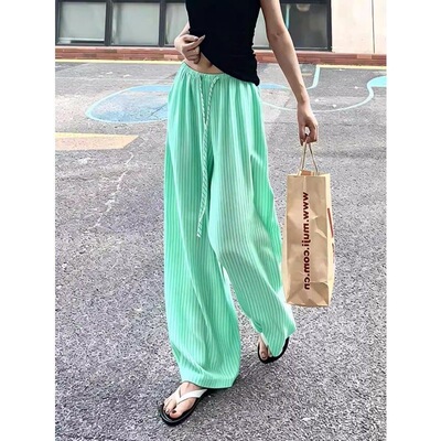 薄荷绿棉麻条纹阔腿裤女夏季