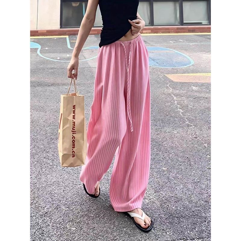 日系棉麻条纹阔腿裤女夏季薄款亚麻裤子高腰垂感宽松慵懒休闲长裤