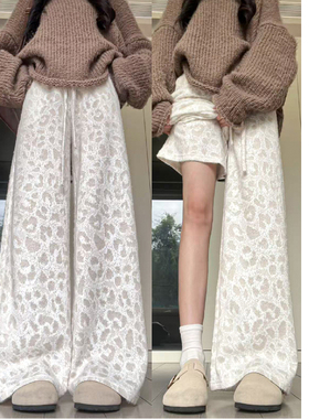 卡其色毛绒绒豹纹休闲裤女秋冬2025新款慵懒风垂感显瘦宽松阔腿裤