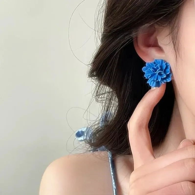 适合夏天的蓝调花朵耳钉女款小众设计耳环独特漂亮耳饰