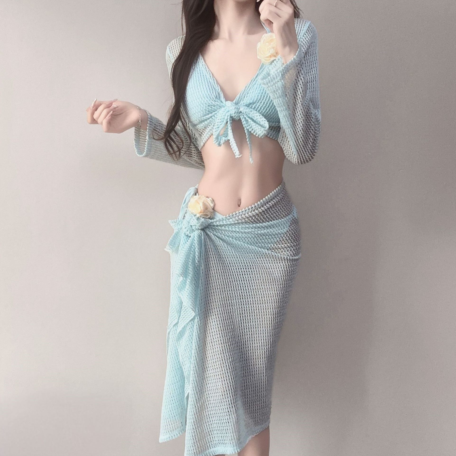 巴厘岛度假温泉游泳衣女分体比基尼bikini四件套长袖长裙百搭泳装