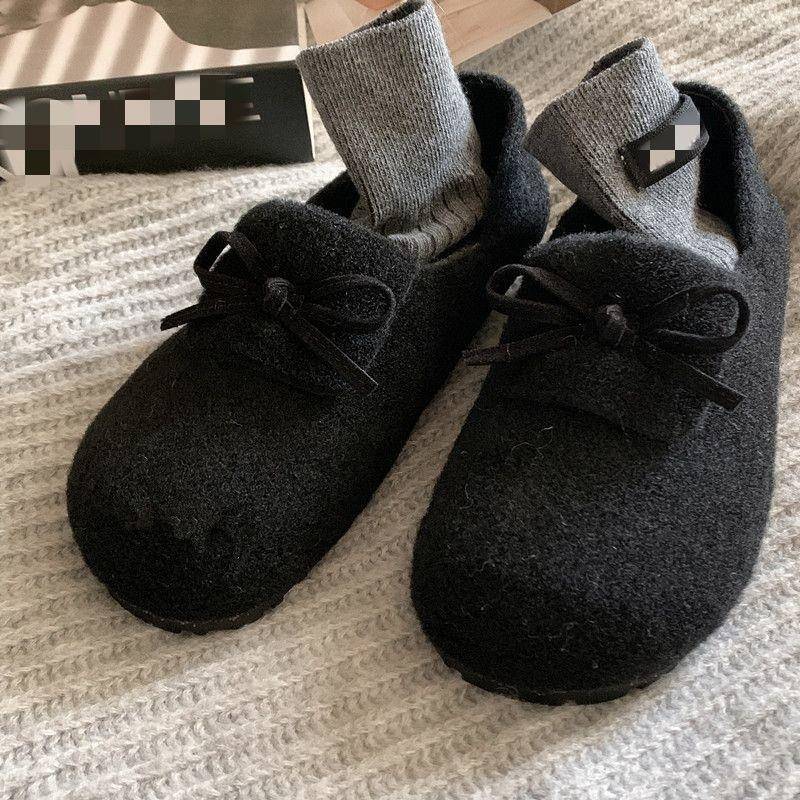 日系配裙子圆头毛毛鞋2025秋冬新款百搭加绒保暖蝴蝶结软平底棉鞋