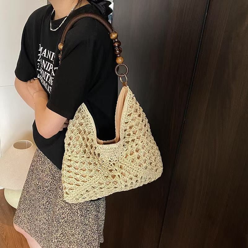 夏季编织草编串珠单肩托特包女2026新款海边度假沙滩