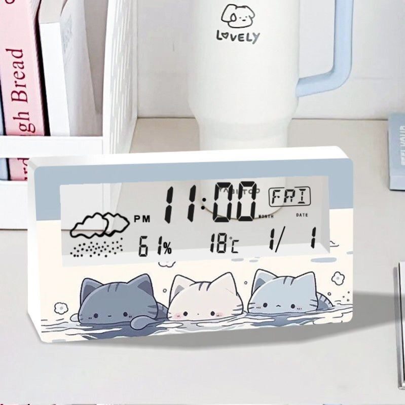 蓝色小猫绘画版电子闹钟透明夜光多功能学生创意定时床头懒人钟