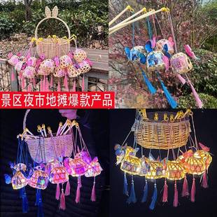 手工编织国风竹编兔子手提灯笼节日 中秋节国庆节兔子花灯网红同款