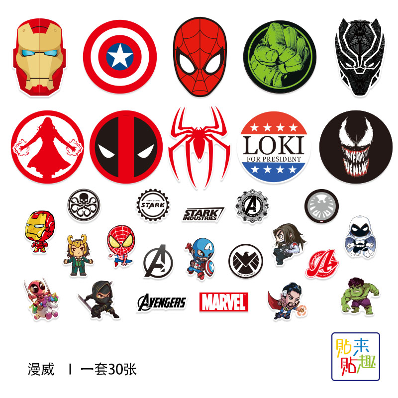 漫威英雄头像卡通行李箱旅行箱贴个性手机滑板吉他机车头盔贴防水