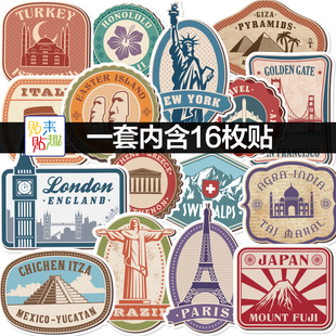 适用日默瓦高级欧美地标建筑贴纸复古行李箱个性潮牌旅行贴画防水