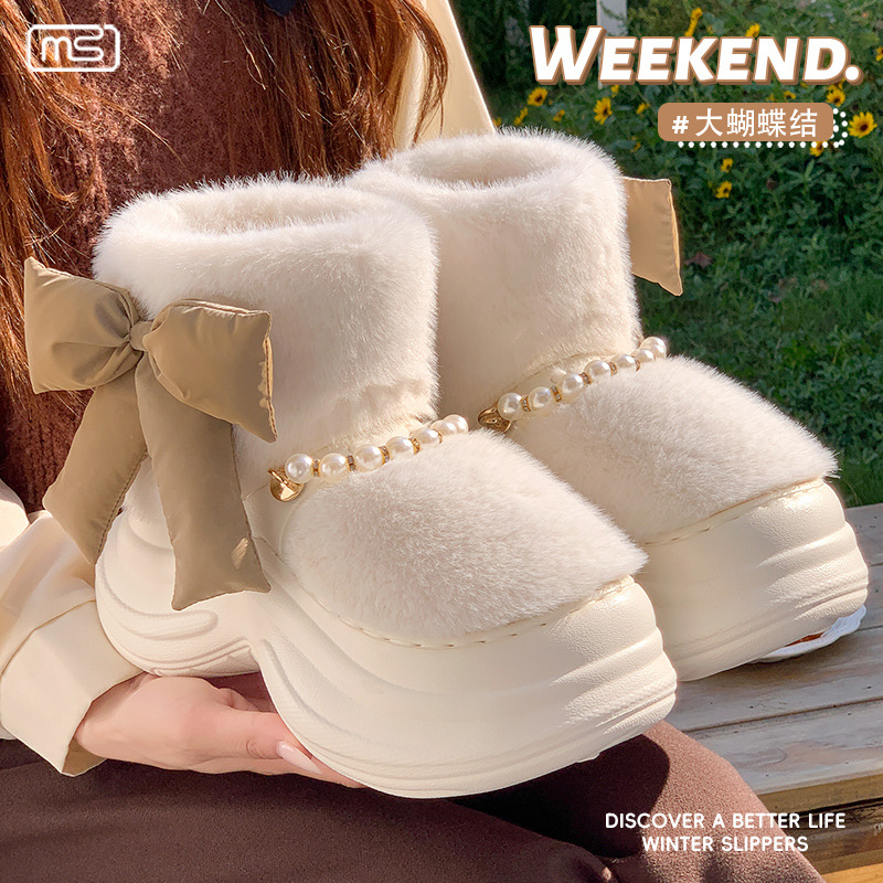 明盛2025冬季新款蝴蝶结女棉鞋外穿居家加绒加厚保暖软底毛毛百搭