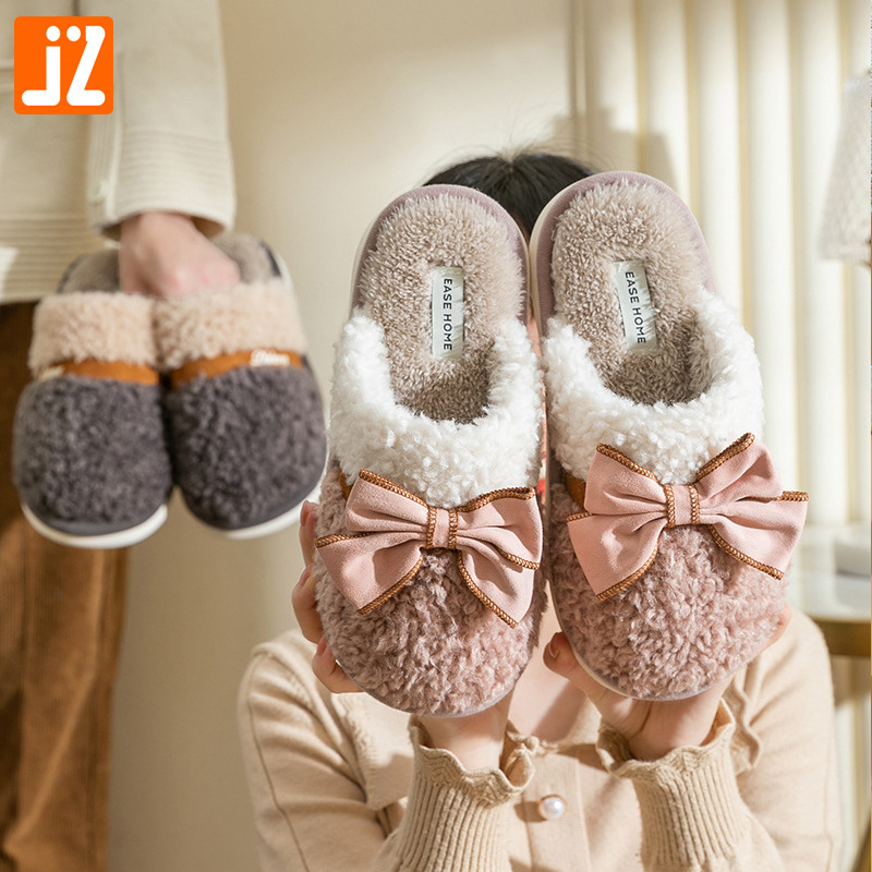 蝴蝶结棉拖鞋女秋冬季家用室内防滑情侣居家毛毛拖鞋保暖毛茸茸