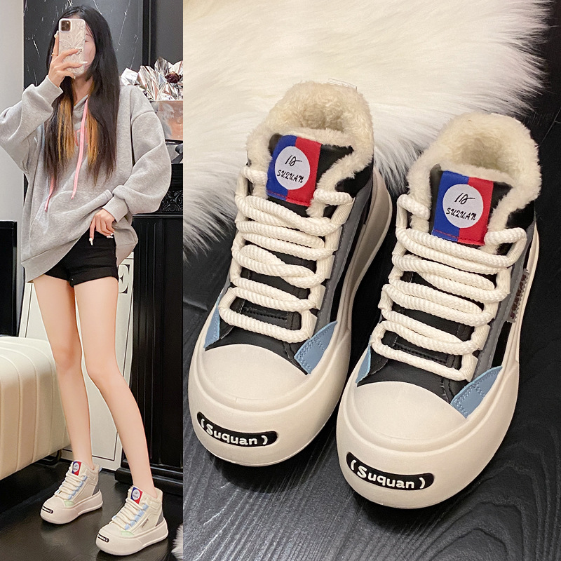 韩版厚底高帮女鞋2024冬季加绒保暖百搭ins学生休闲运动棉鞋K1707