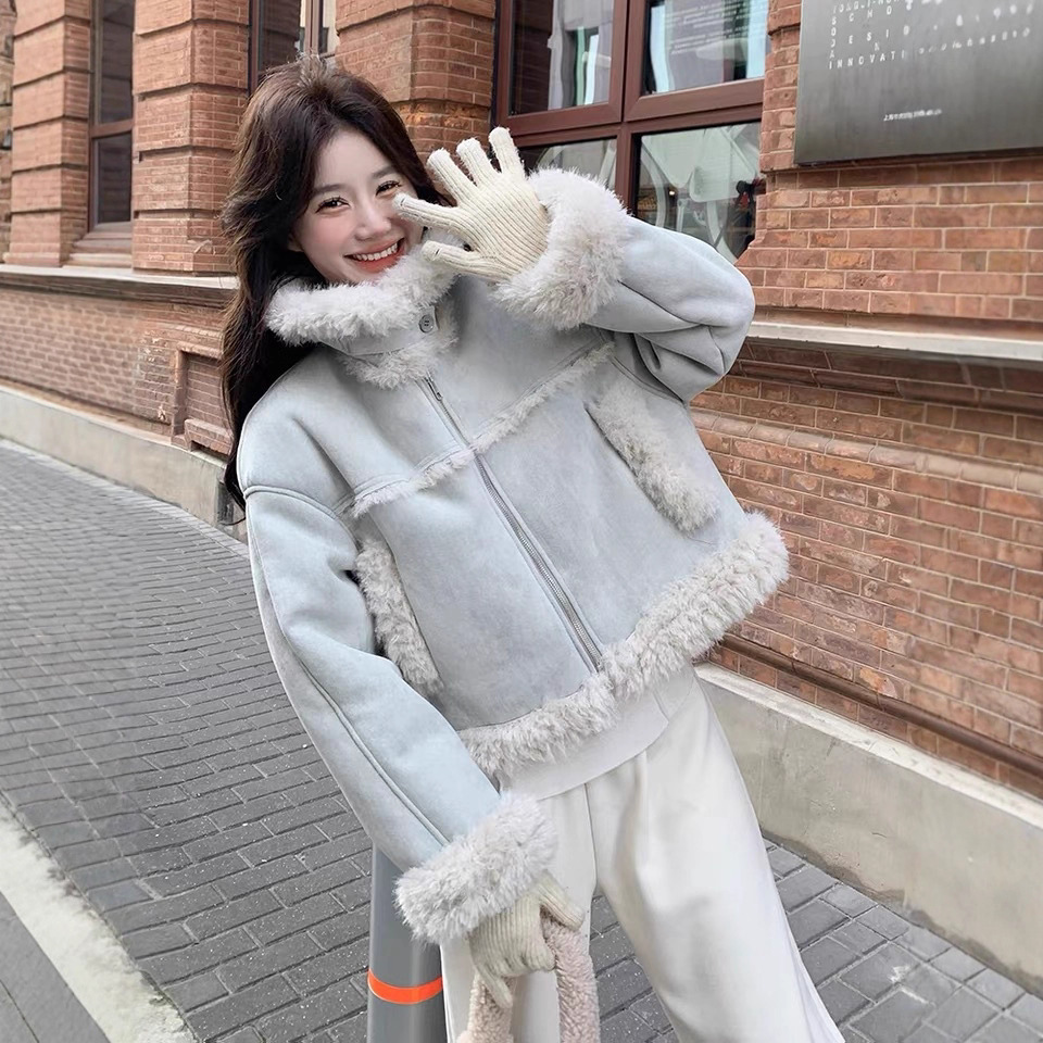 蓝色皮毛一体羊羔毛外套女2025年冬季韩系超好看加厚机车短款棉服