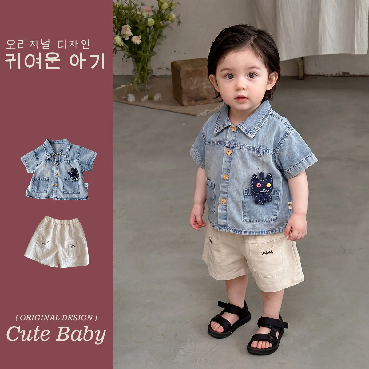 Cute baby男童轻薄牛仔套装小男孩衬衫亲肤舒适纯色休闲短裤