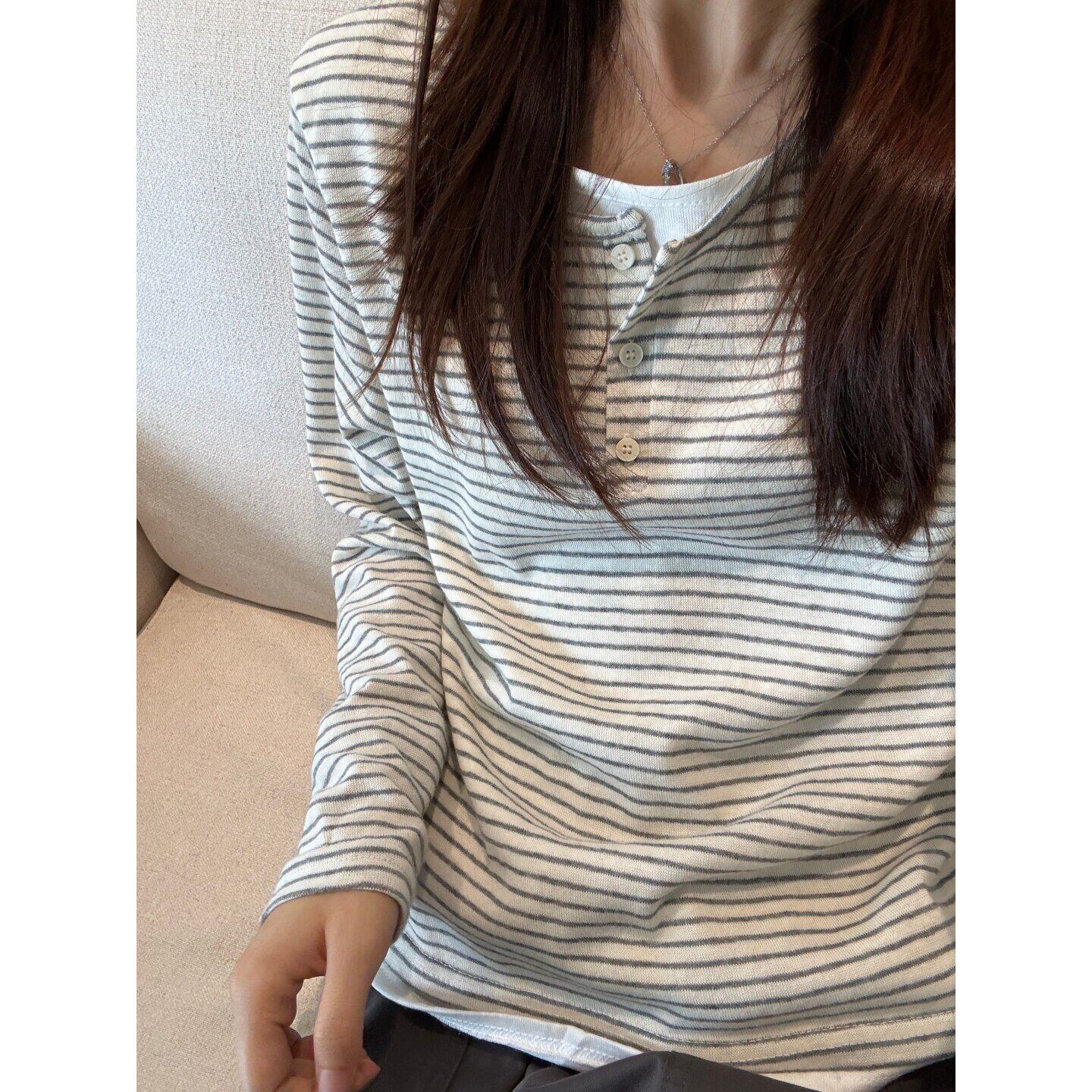 韩系亨利领假两件条纹长袖T恤女早秋薄款罩衫宽松慵懒小众夏上衣