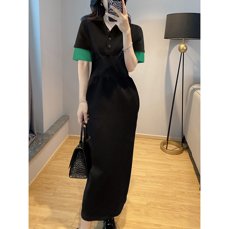 黑色V领收腰连衣裙女夏季高级感长款遮肉Polo裙子2022新款欧洲站