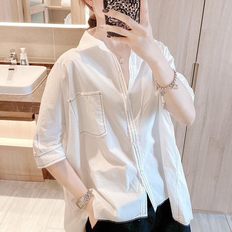 小众白色衬衫女港风衬衣薄款上衣潮设计感2020年早秋新款欧洲站
