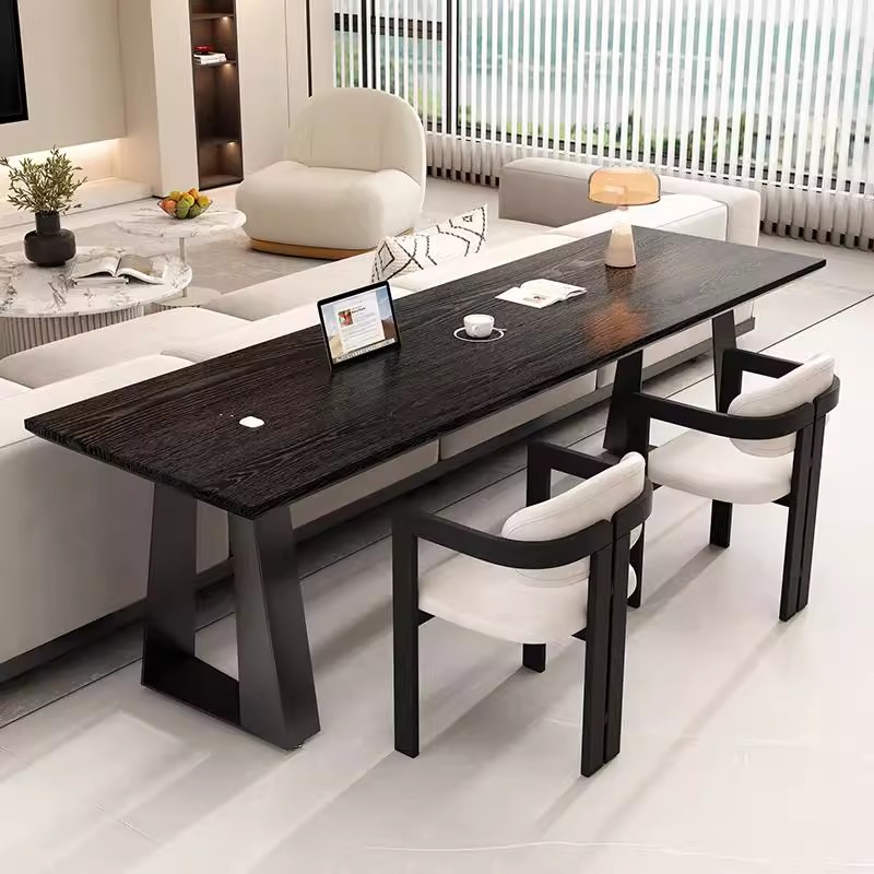 黑色实木书桌家用客厅意式极简横厅沙发后长条桌双人学习桌办公桌