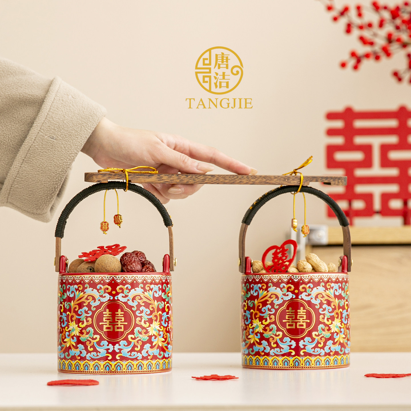 新中式红色子孙桶婚庆用品陶瓷手提嫁妆桶结婚女方陪嫁品喜庆摆件
