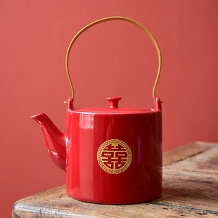 迎亲红色单茶壶结婚茶具新婚喜庆陶瓷泡茶壶中式 婚礼必备婚庆用品