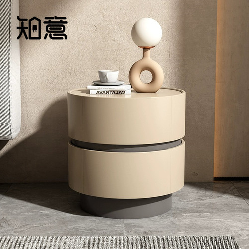 知意家具奶油风床头柜圆形设计原创款法式卧室小型烤漆抽屉小柜子