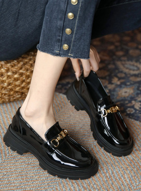 真皮乐福鞋英伦风小皮鞋女2025春秋新款粗跟厚底松糕黑色休闲单鞋