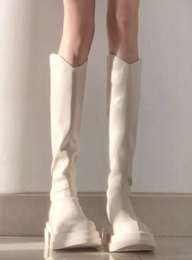 牛皮版~白色长靴女2025新款秋季高筒不过膝厚底粗跟V口瘦瘦长筒靴