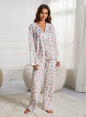 Pajama pants loose set women's home clothing翻领印花宽松套装