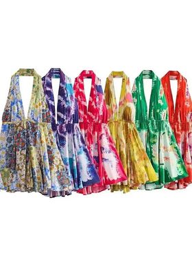 Printed neckline short dress forwomen时尚V领吊带挂脖领短裙女