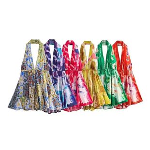 Printed neckline short dress forwomen时尚V领吊带挂脖领短裙女