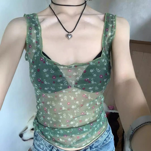 印花U领网纱无袖修身吊带背心Printed U-neck mesh camisole vest