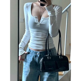 slim fit for T恤女Solid women top color sleeved 纯色修身 long