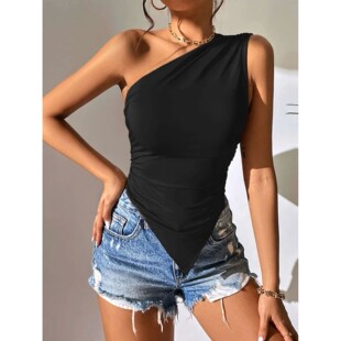 color for irregular vest women hem 纯色不规则下摆露肩女Solid