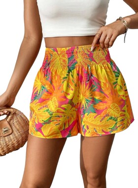 高腰印花休闲短裤High waisted printed casual shorts for women