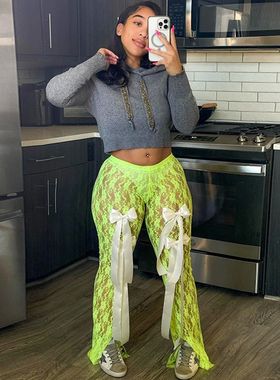 Street Perspective Lace Low WaistPants街头穿搭透视蕾丝绑带裤