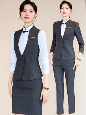 酒店餐饮服务员工作服中国风酒吧前台接待高端职业西装马甲套装女