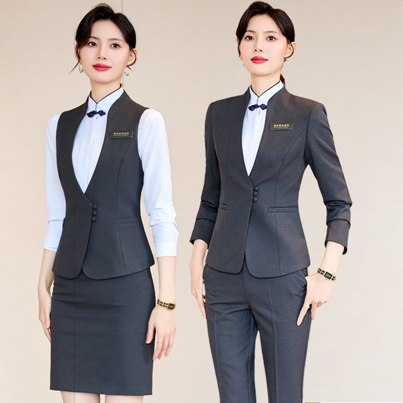 酒店餐饮服务员工作服中国风酒吧前台接待高端职业西装马甲套装女