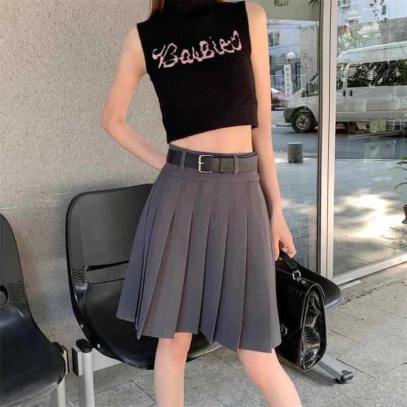 学院风长百褶裙女春秋新款加送腰带j高腰中裙身复古大码显瘦GFM半