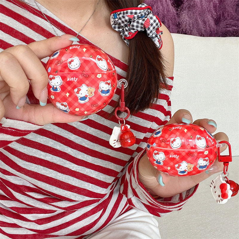 卡通立体红色格子KT猫适用华为freebudsPro4/Clip耳机壳保护套Freebuds4E/6i/5I软壳SE2/3耳机壳铃铛女凯蒂猫