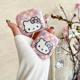 日韩菱格纹凯蒂猫适用airpods4代耳机套2/3三代airpodsPro第二代保护壳苹果蓝牙耳机套Pro2可爱卡通软壳少女