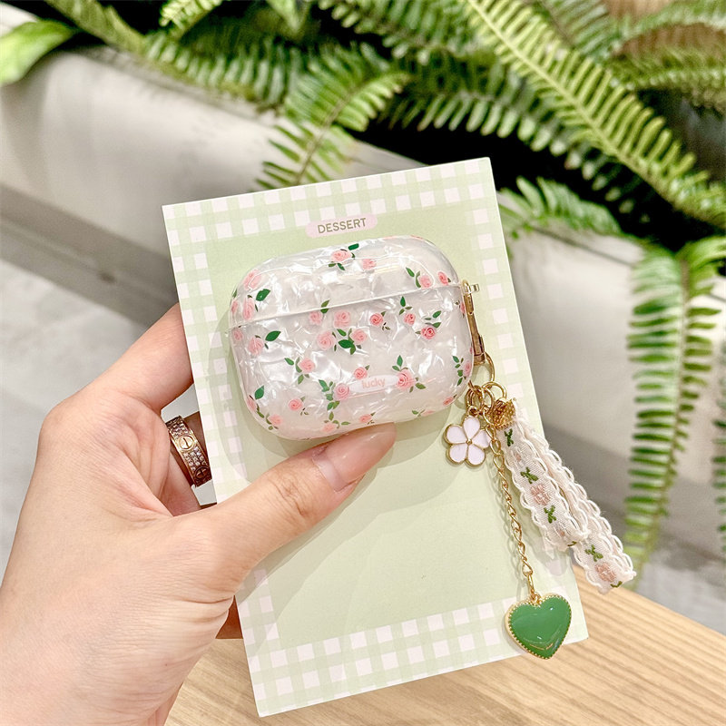 小清新贝壳纹绿叶粉花适用airpods4代耳机套苹果2/3三代AirpodsPro第二代保护壳Pro3软壳少女挂件夏日小香风