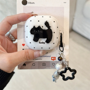 韩系卡通黑白波点立体小黑猫适用三星buds2pro保护壳Buds FE蓝牙耳机套live/2pro耳机壳3pro软壳情侣星星挂坠