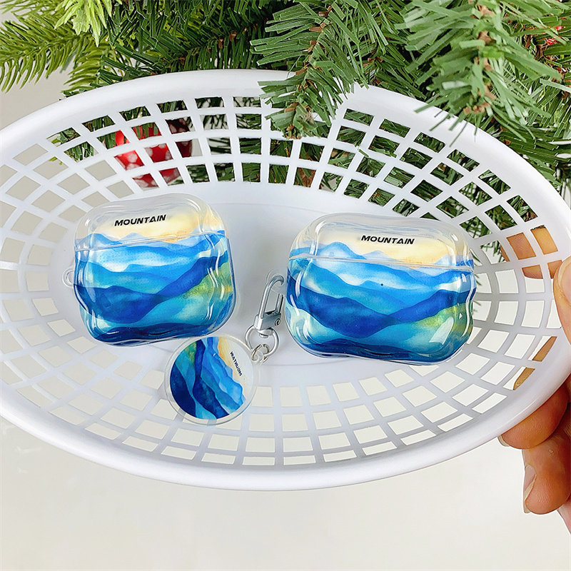 创意水墨风千山万水适用airpods4代耳机套苹果2/3三代AirpodsPro第二代保护壳Pro3透明软壳油画蓝色山脉情侣