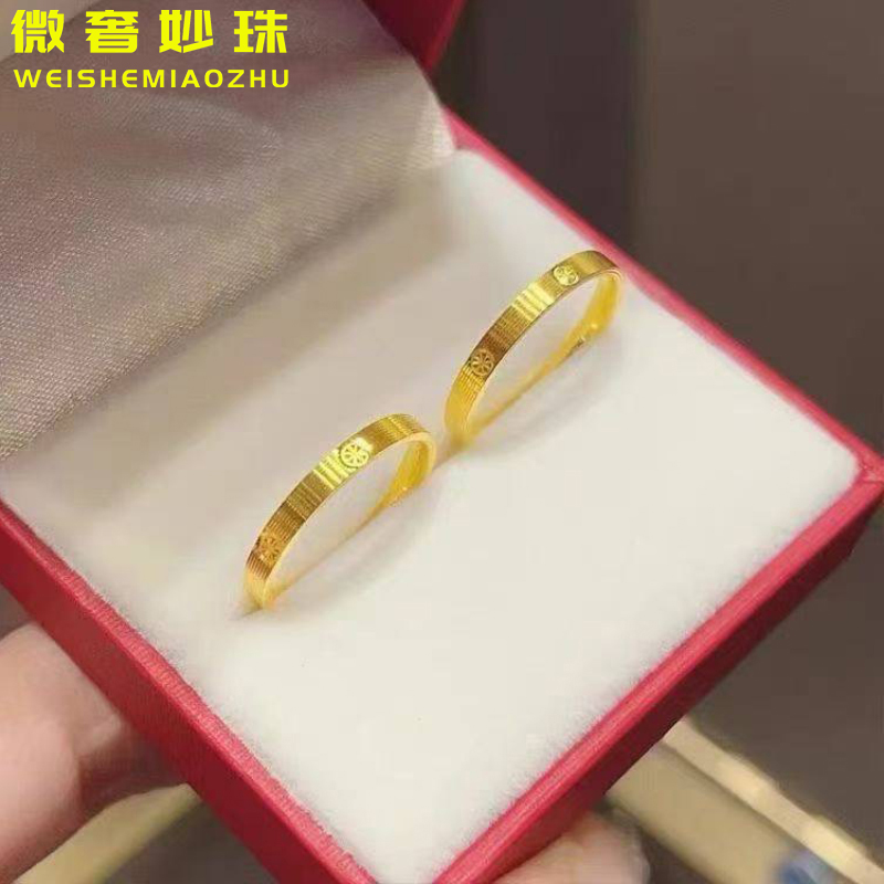 5D硬金黄金米字戒指女999足金细款车花条戒纯金食指戒送女友礼物