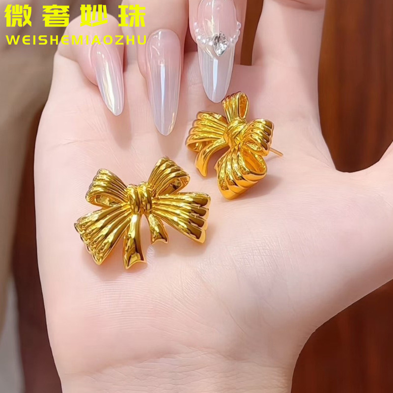 5D黄金蝴蝶结耳钉女999足金新款大气镂空耳饰纯金时尚耳环送女友
