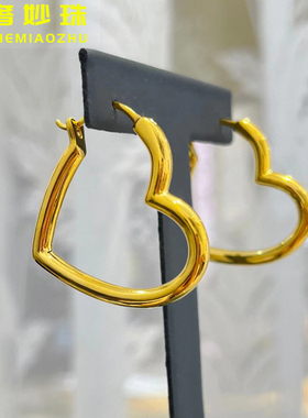 5D硬金无氰爱心耳环999足金心形大气耳针耳坠24k纯金耳饰送礼女款