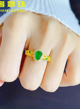 古法黄金葫芦戒指999足金镶嵌宝石点钻镂空指环纯金食指戒送女友