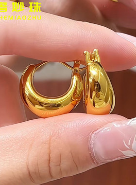 5D硬金黄金亮面U型耳扣女999足金小克重气质耳环纯金耳圈送礼正品