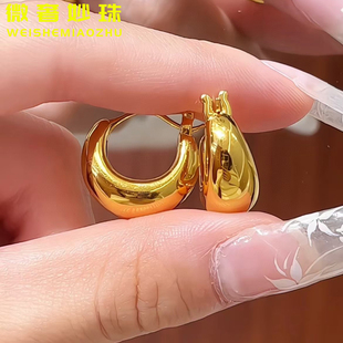 5D硬金黄金亮面U型耳扣女999足金小克重气质耳环纯金耳圈送礼正品