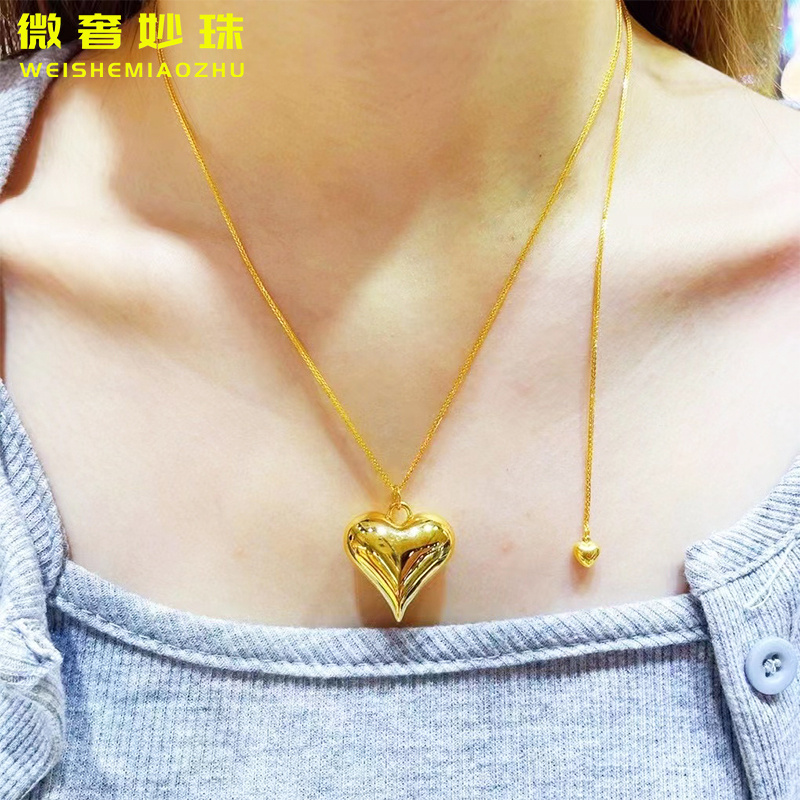 新款黄金心宽宽爱心吊坠女款999足金心形项链毛衣链挂坠纯金坠子